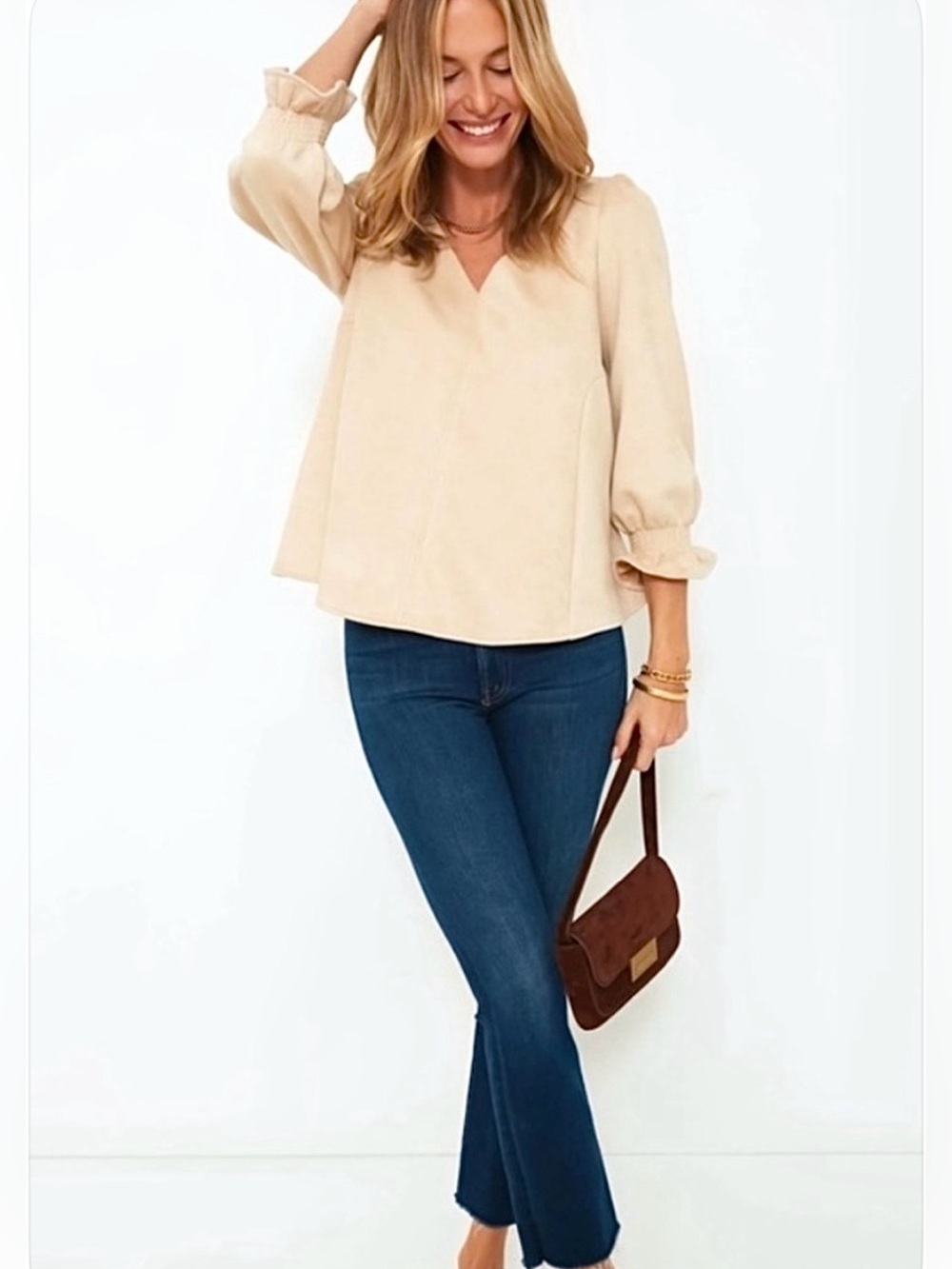 TUCKERNUCK EASTON VELVET SUEDE TOP XL BONE CREAM DEEP V SMOCKED CUFF *MINT* $168